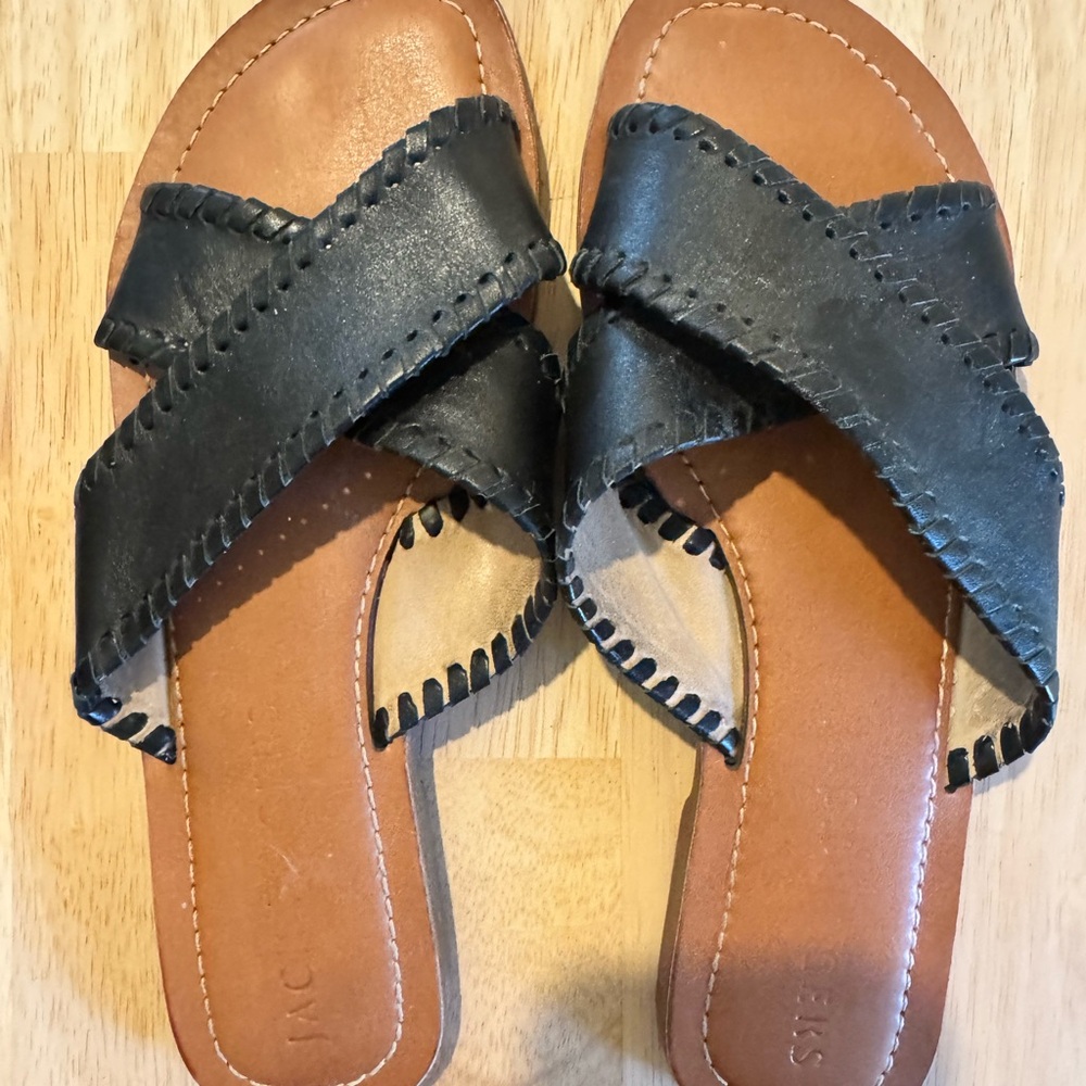 Jack Rogers Black and Tan Sloane Slides Leather Sandals